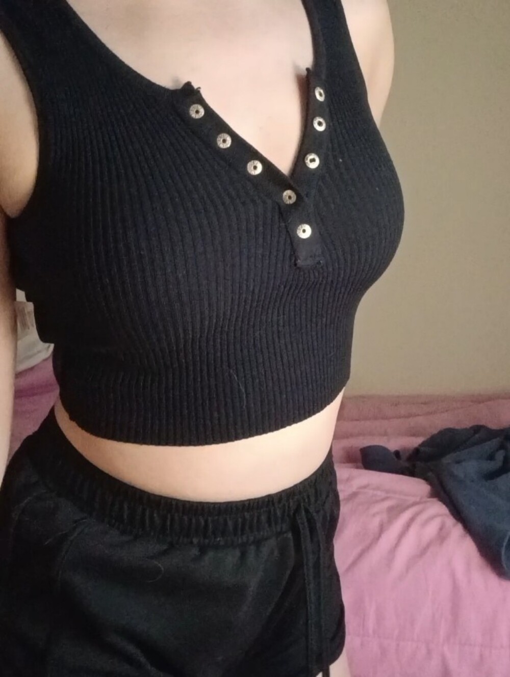 Black Ribbed Cropped Tank with Golden button Collar